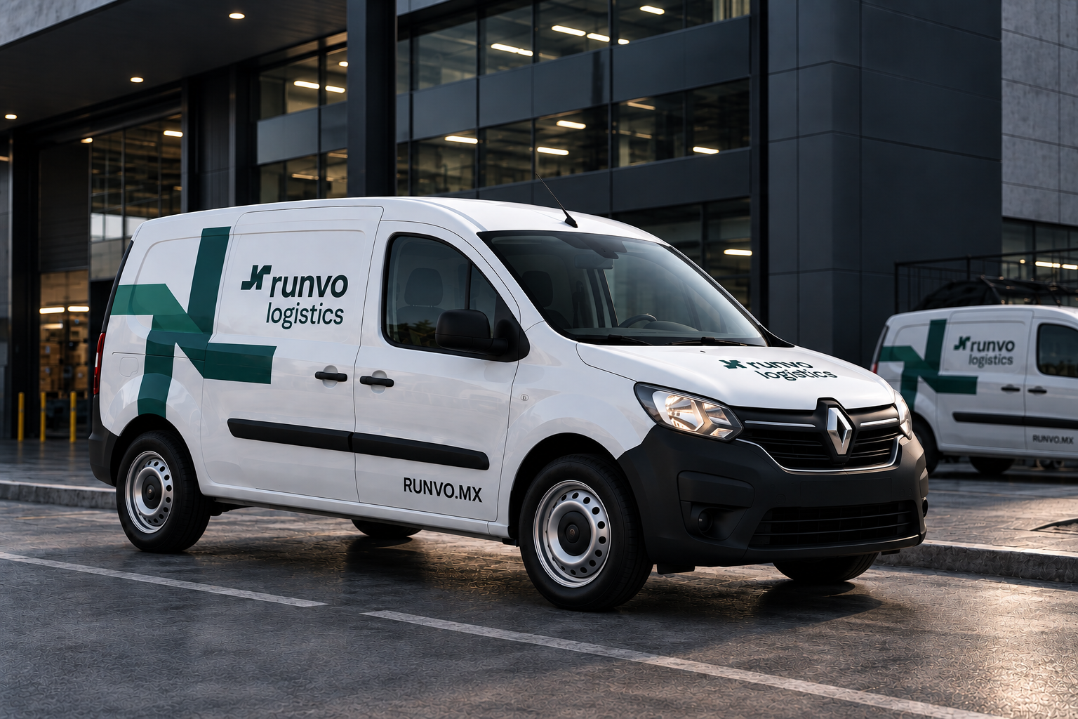 Van de reparto Runvo Logistics frente a un edificio moderno